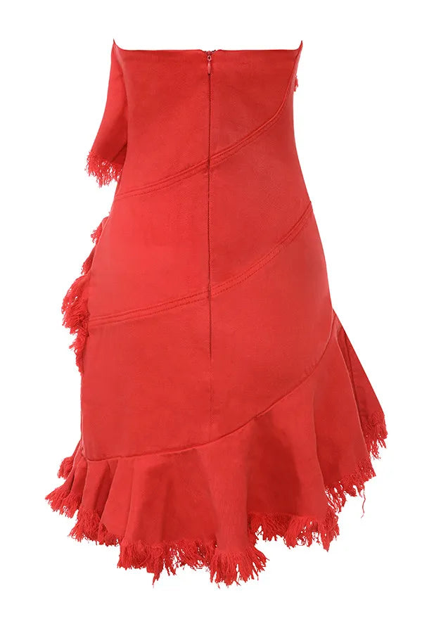 Mistress Rocks Red Frayed Denim Strapless Mini Dress - SALE