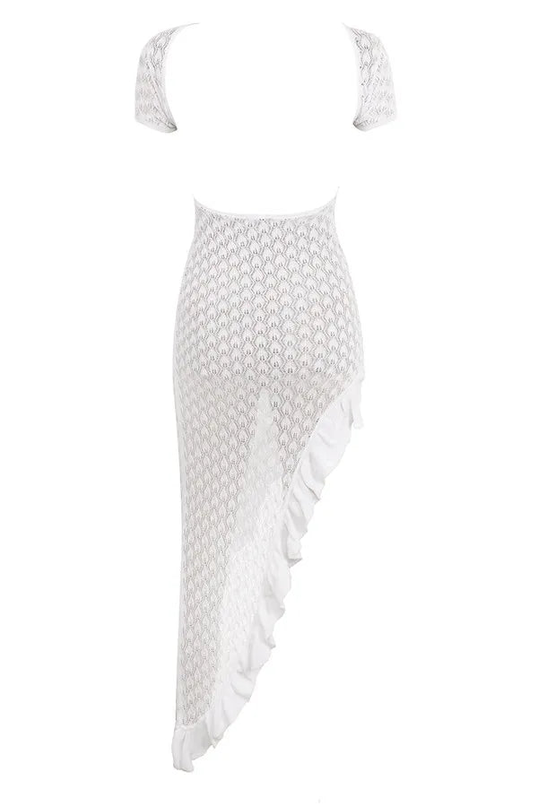 Mistress Rocks White Knit Open Back Ruffle Midi Dress - SALE