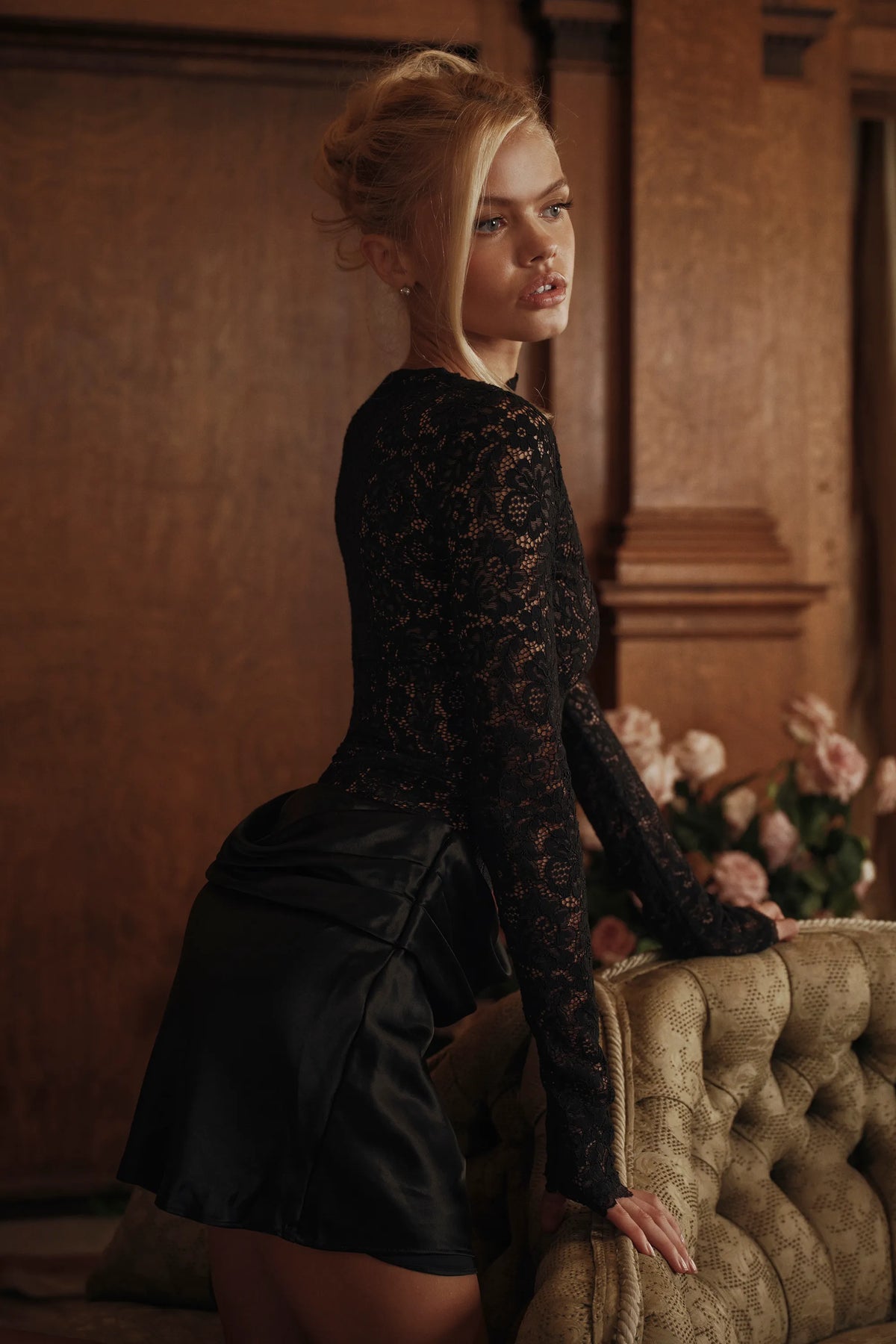 Yasmeen Midnight Lace + Satin Draped Mini Dress