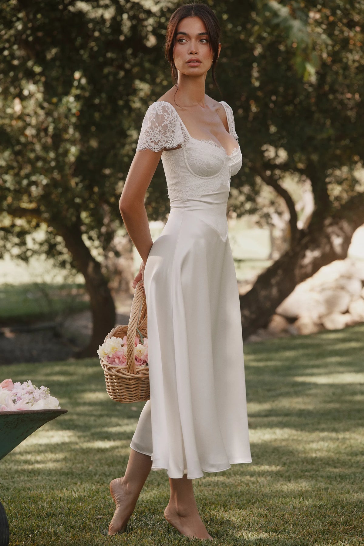 Selena White Satin + Lace Midi Dress