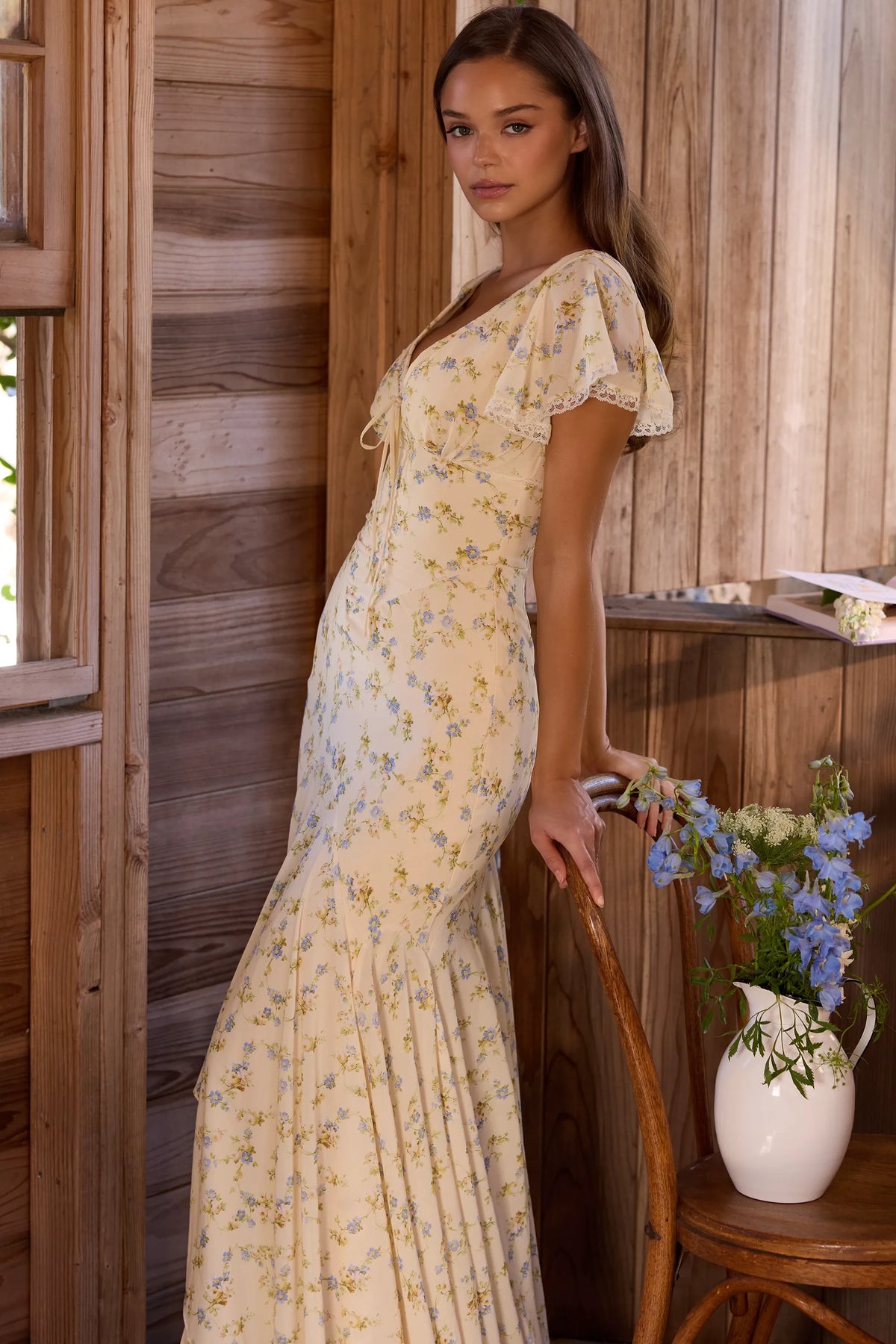 Amina Lemon Floral Print Georgette Maxi Tea Dress