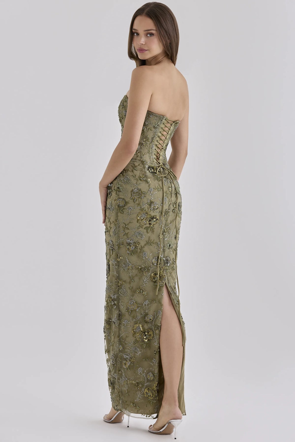 Anisa Olive Hand Beaded Embellished Strapless Maxi Dress - Limited Edition