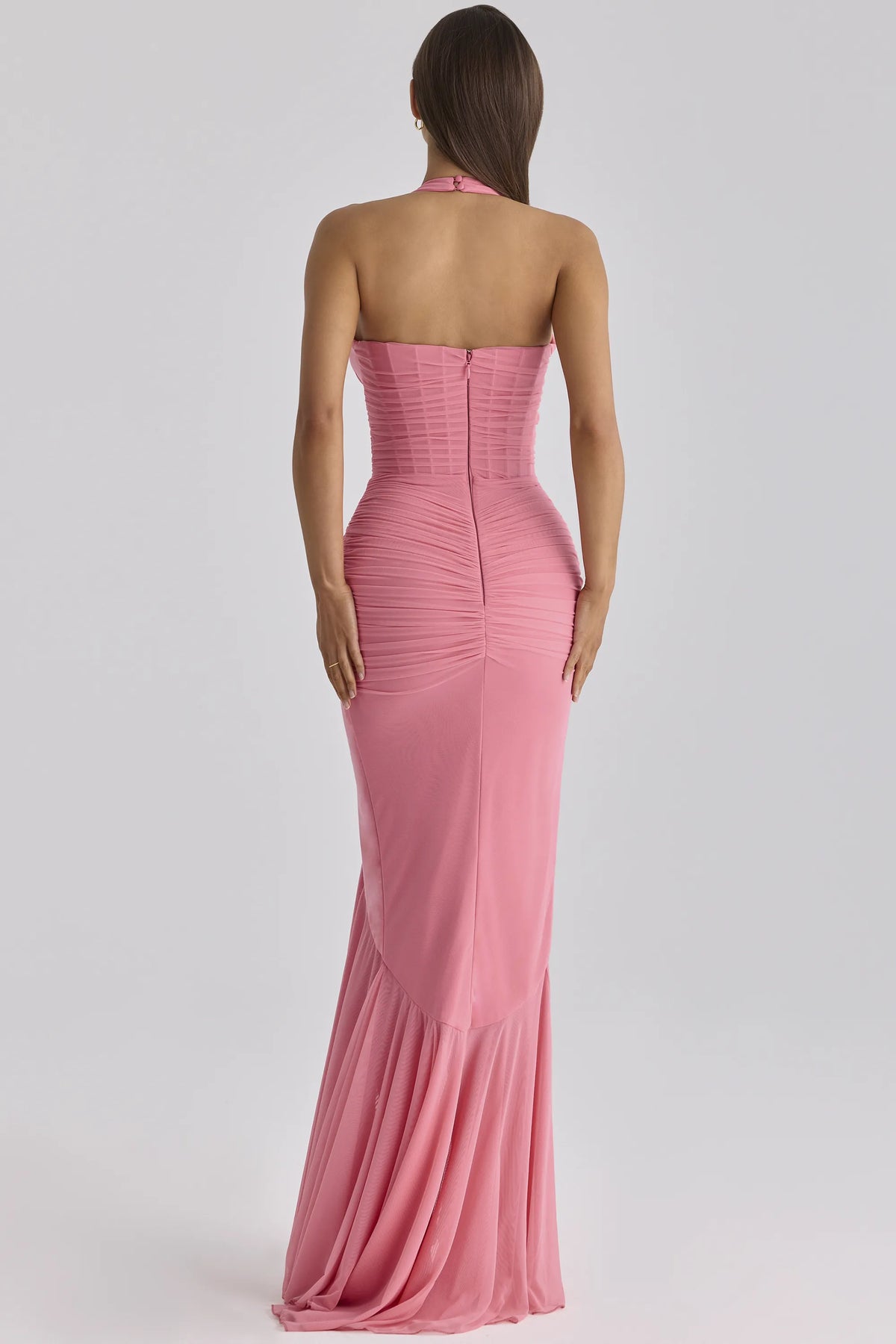 Carmine Raspberry Mesh Halter Neck Waterfall Maxi Dress
