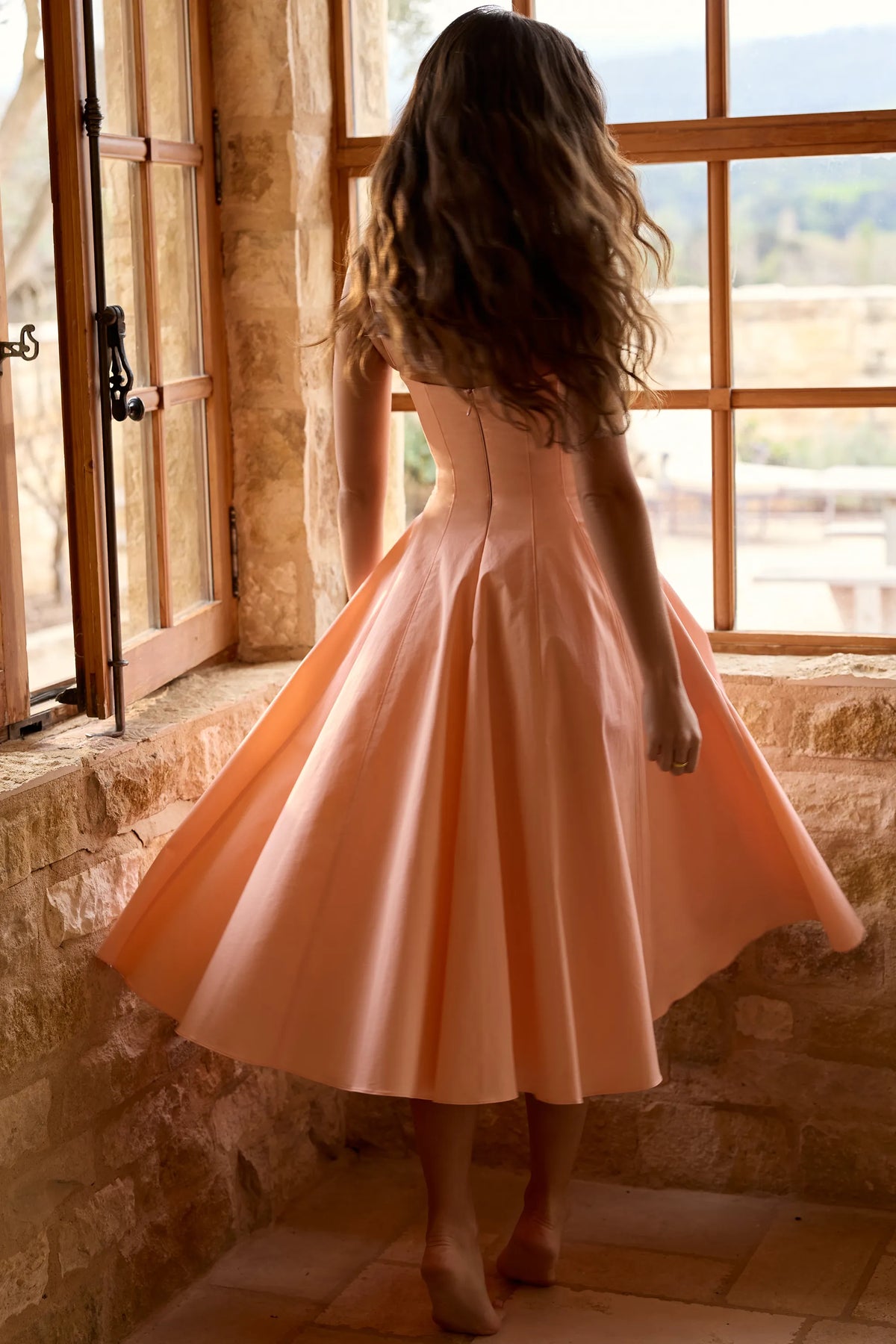 Dahlia Peach Cotton Pleated Midi Sundress