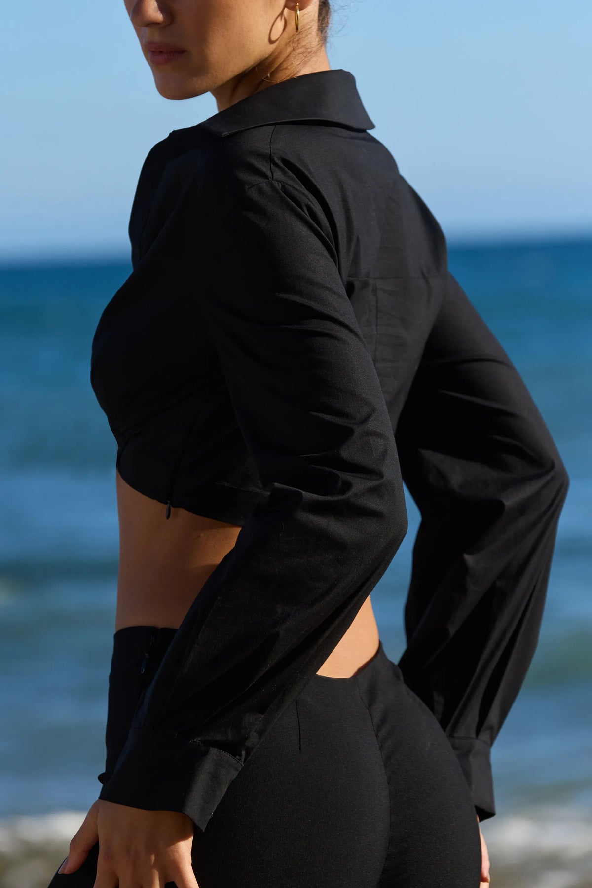 Ivara Black Long Sleeve Cropped Cotton Shirt