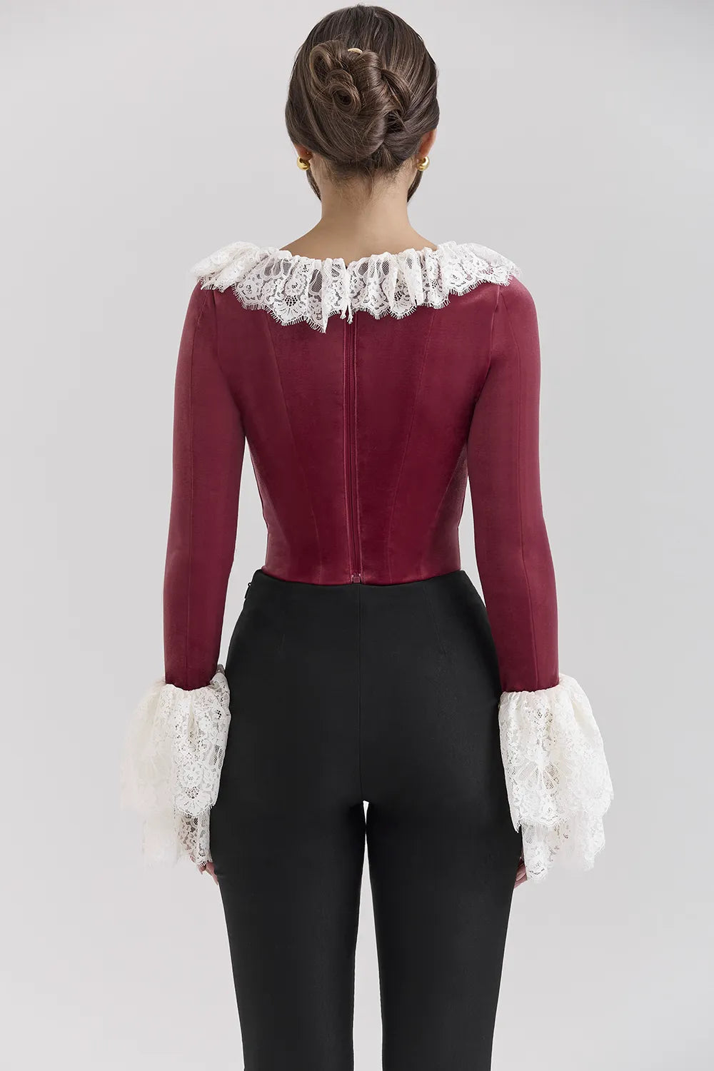Jacinda Cabernet Velvet Lace Trimmed Corset Top