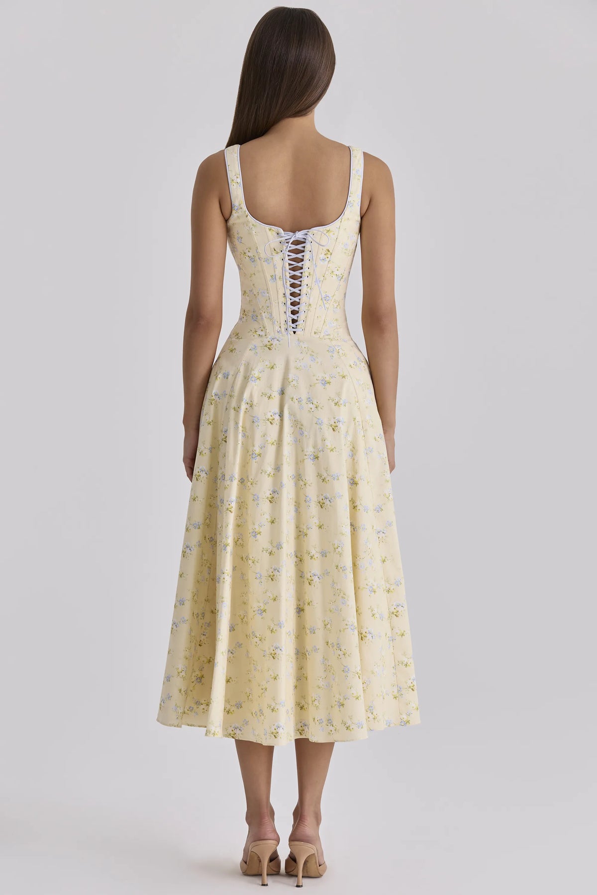 Jaime Lemon Floral Print Cotton Lace Up Midi Sundress