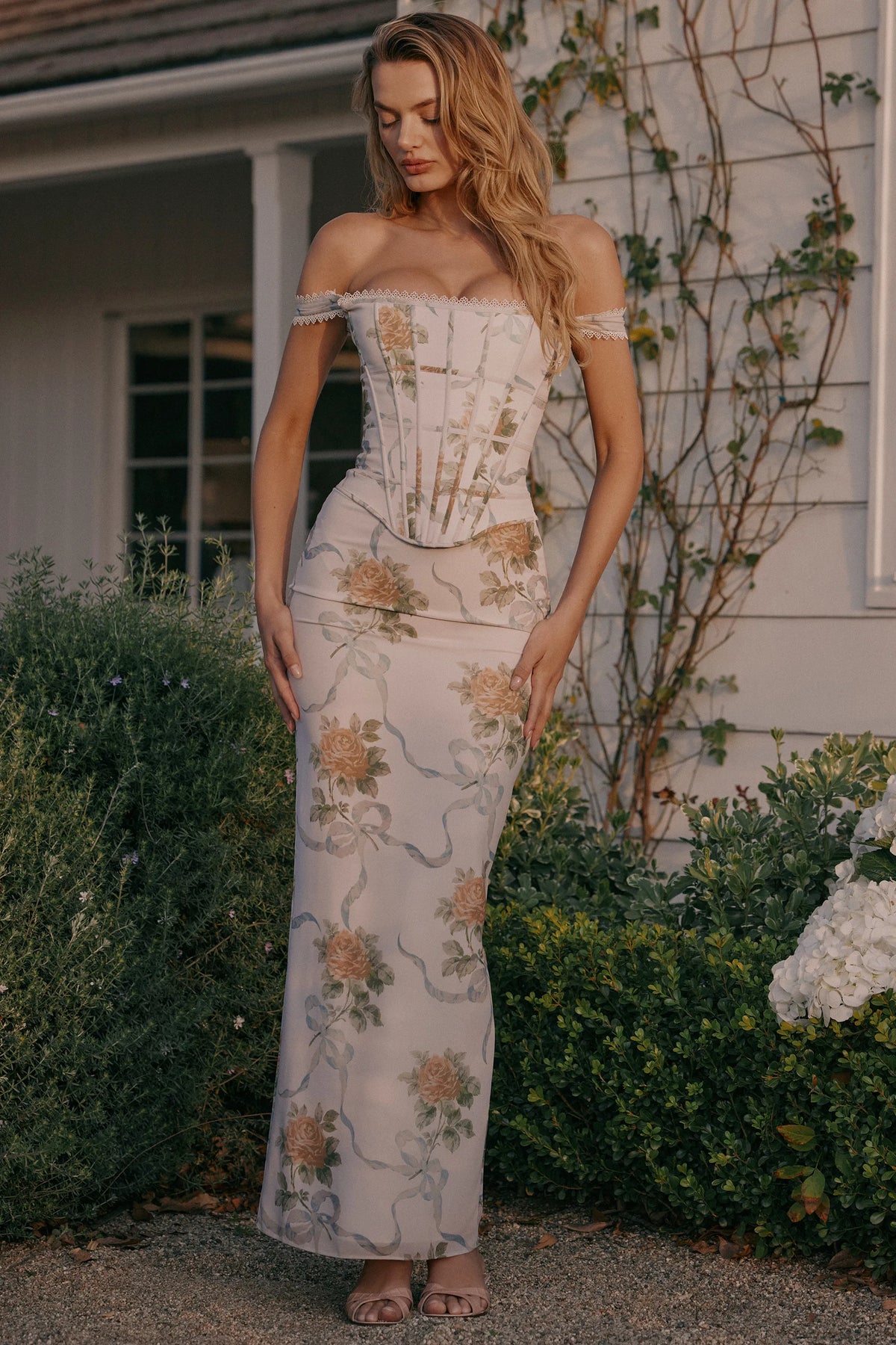 Isis Soft Blue Vintage Print Corset Maxi Dress