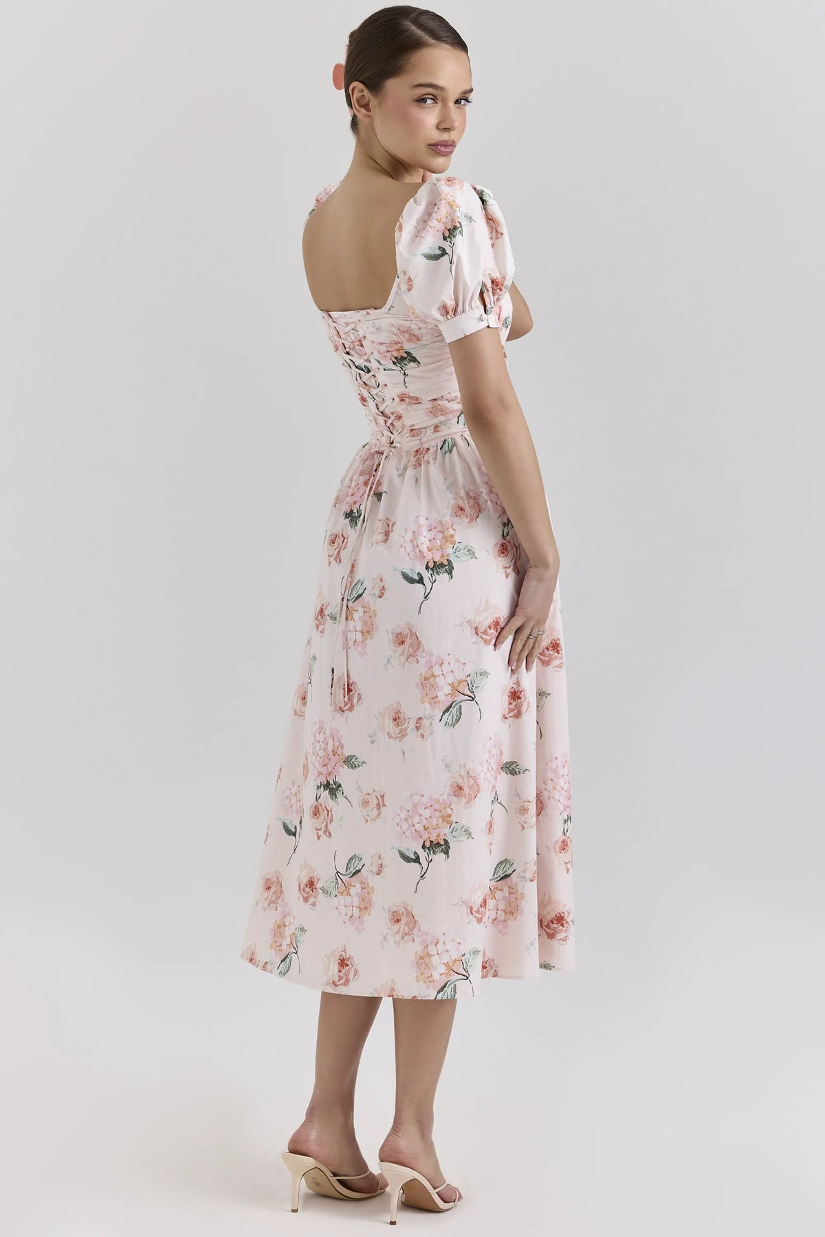 Lulabell Peach Floral Cotton Puff Sleeve Midi Dress