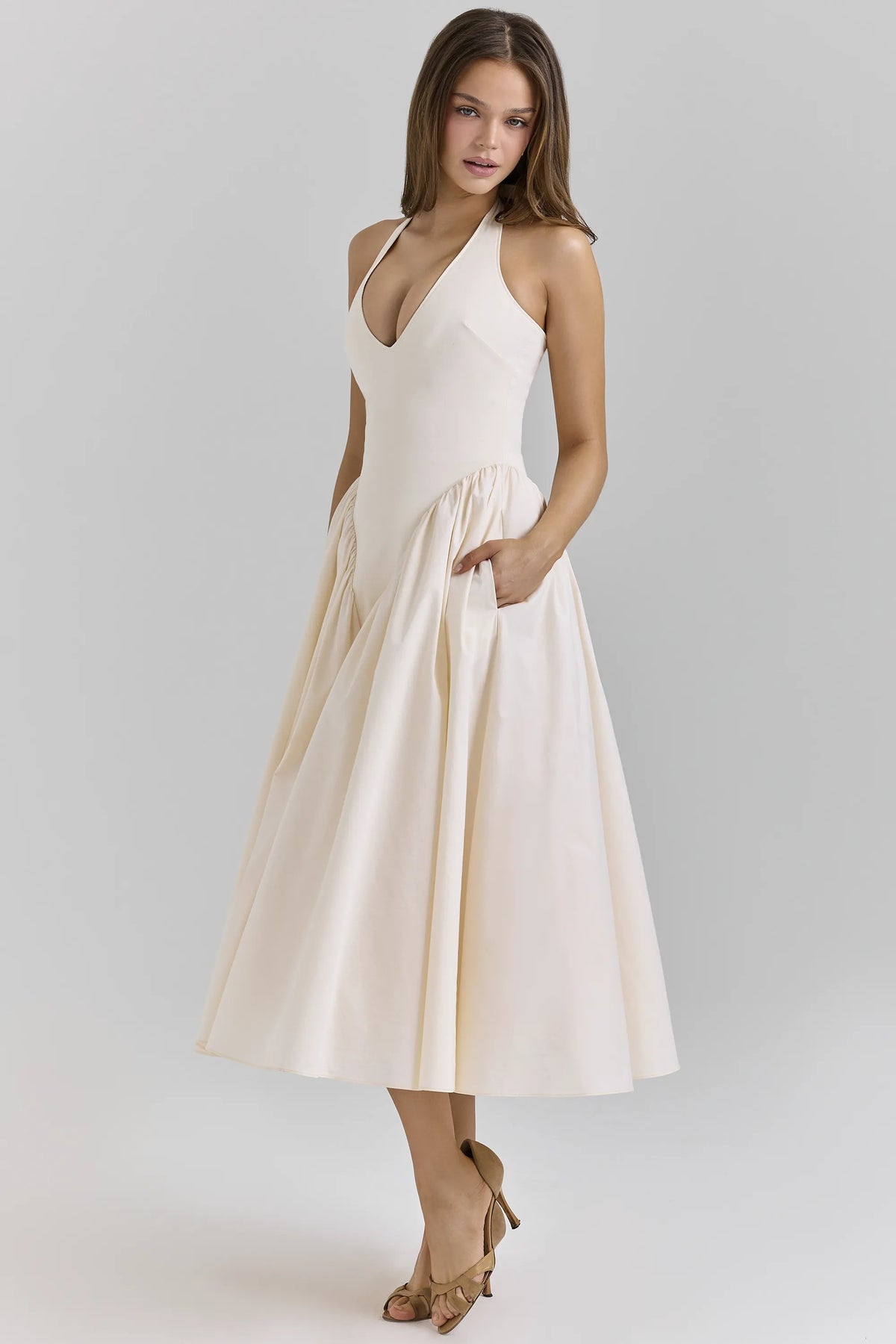 Marilyn Ecru Stretch Cotton Midi Sundress