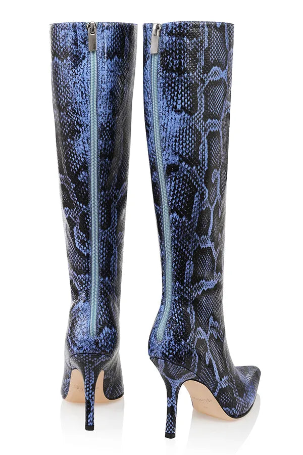 Royale Blue Print Leather Knee High Boots