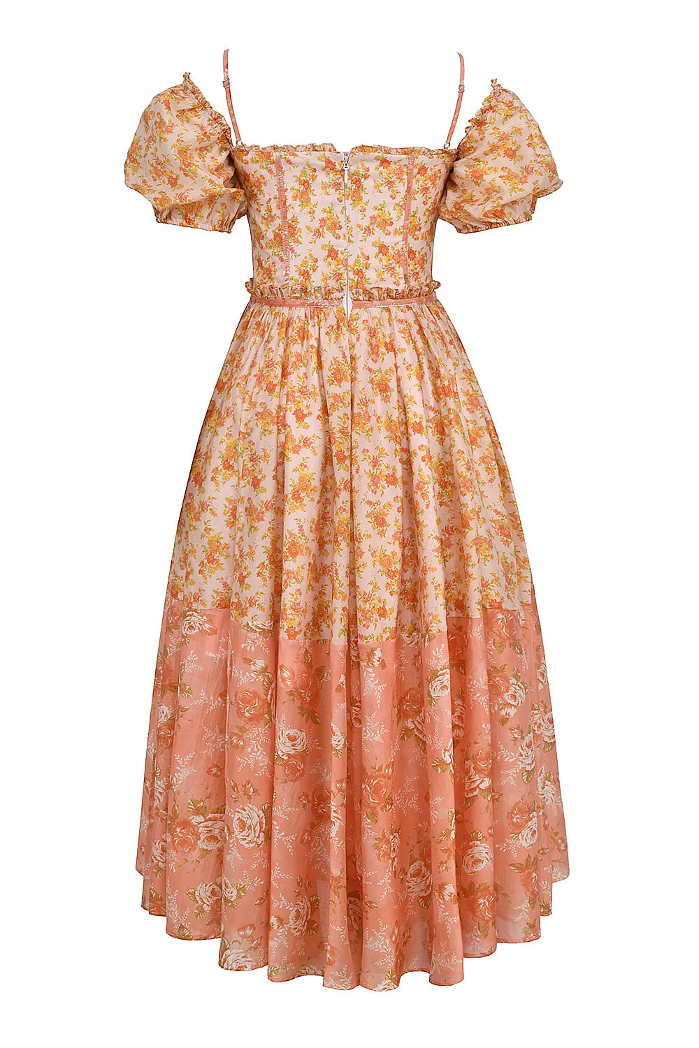 Penelope Peach Poppy Print Puff Sleeve Midi Sundress