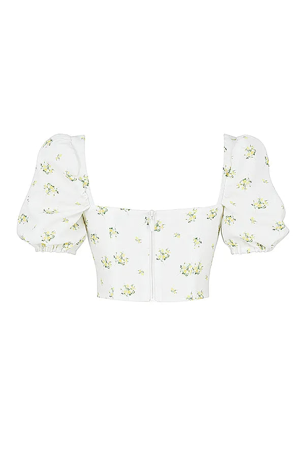 Arianna Ivory Floral Puff Sleeve Cropped Top
