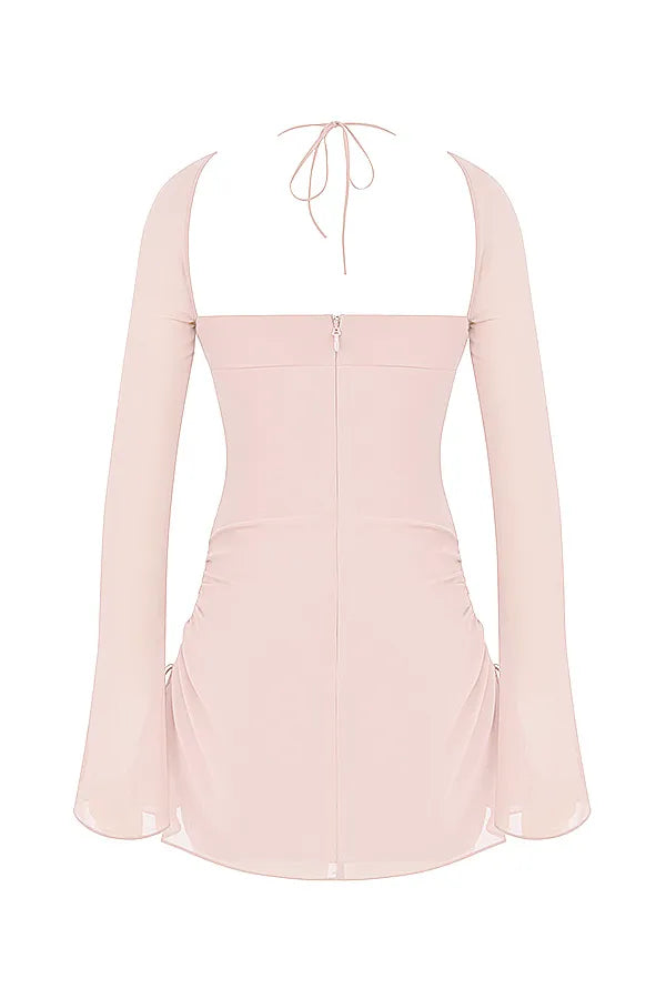 Baby Pink Quartz Chiffon Cutout Halter Mini Dress