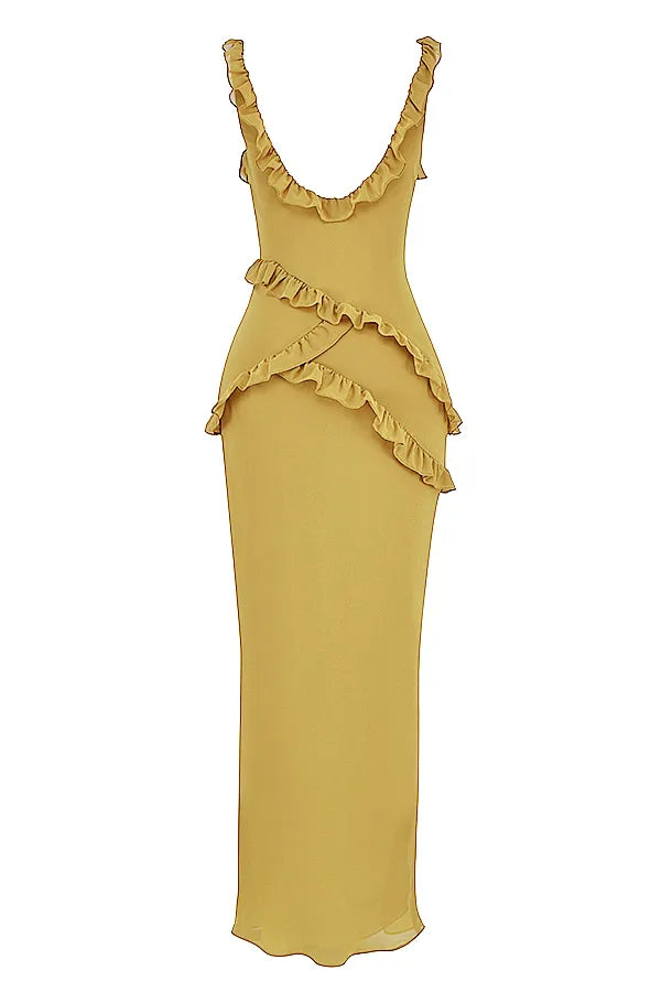 Pixie Olive Ruffle Maxi Dress