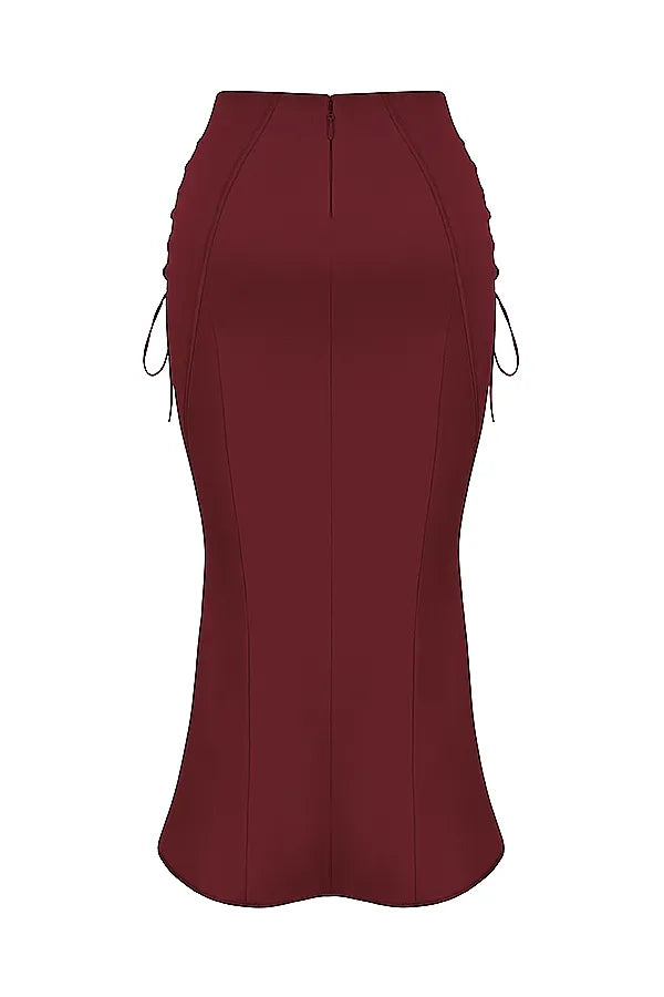 Sidonie Wine Satin Lace Up Midi Skirt