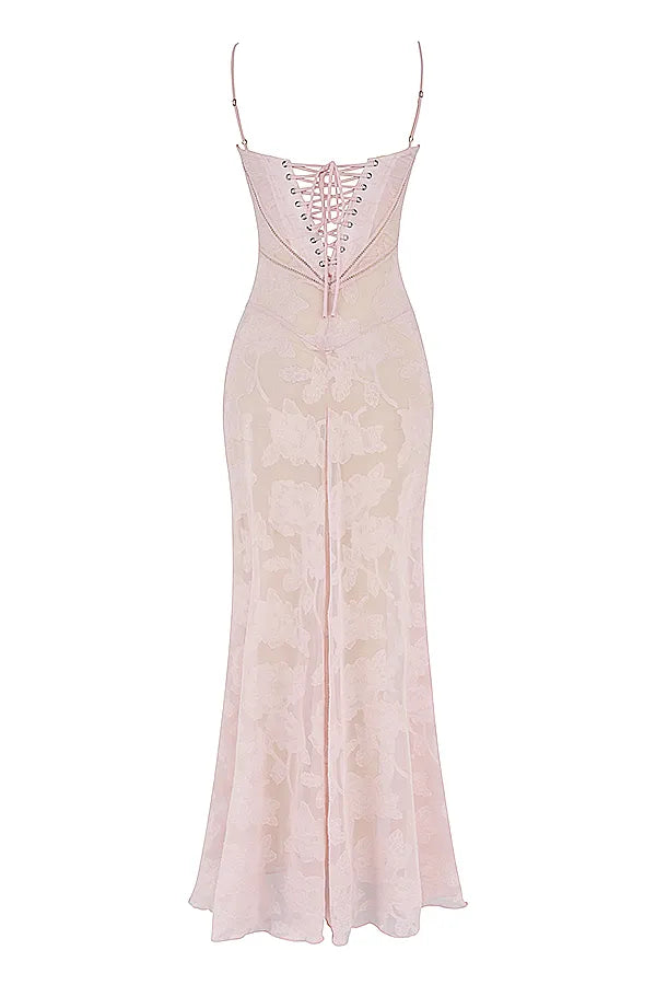 Seren Soft Pink Floral Lace Back Maxi Dress