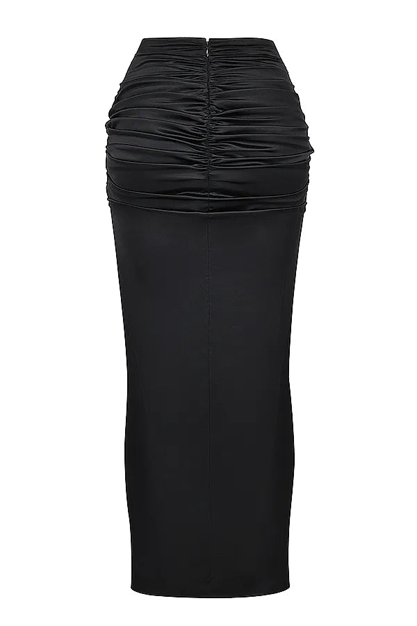 Arla Black Draped Silk Maxi Skirt