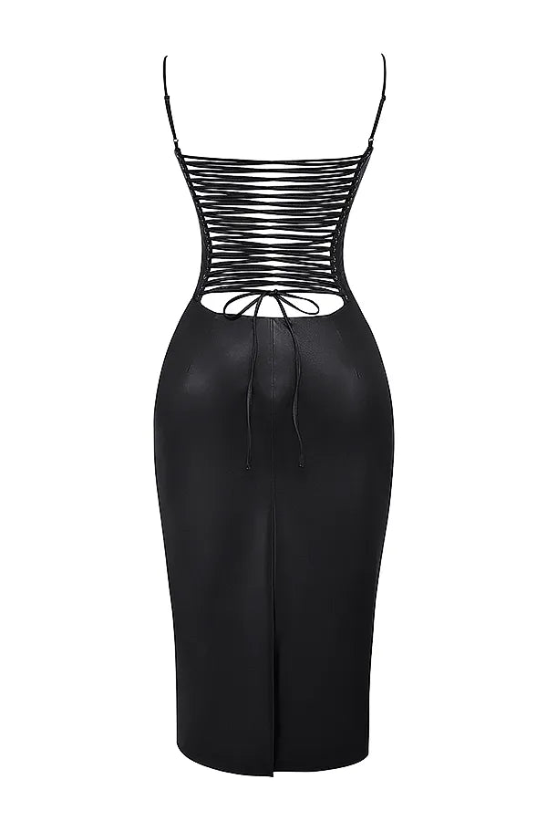 Jalena Black Vegan Leather Lace Back Dress