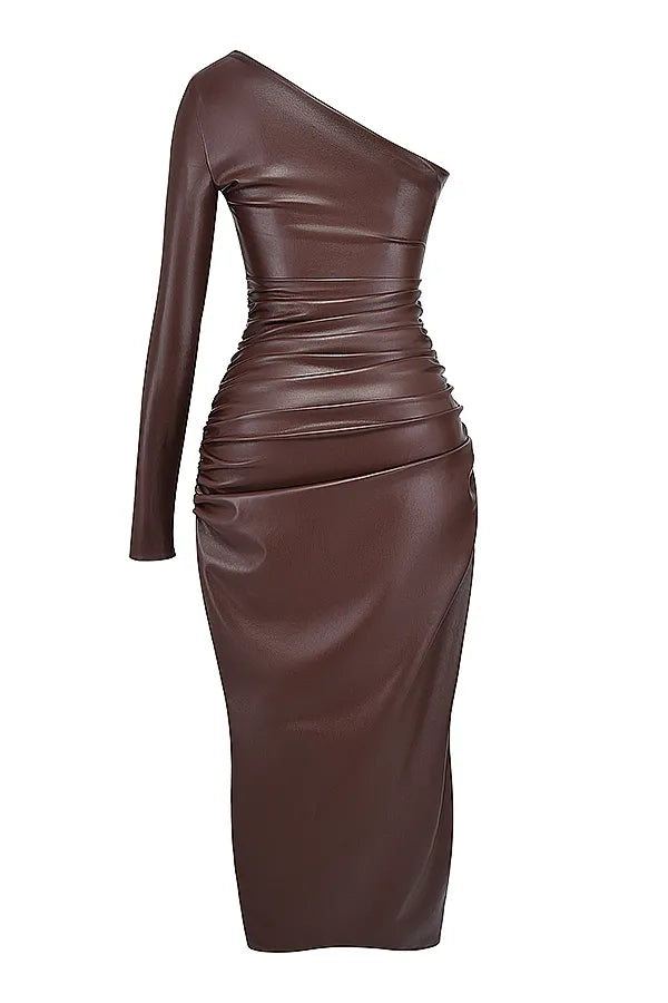 Octavia Cocoa Vegan Leather Maxi Dress
