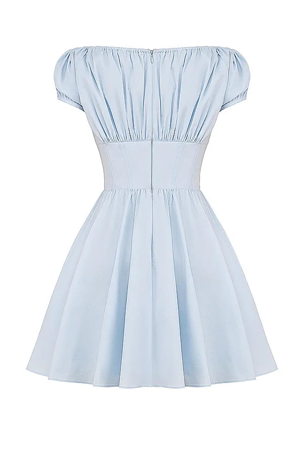 Nala Soft Blue Cotton Gathered Mini Dress
