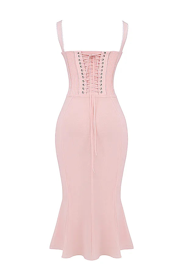 Syrah Soft Peach Lace Back Midi Dress