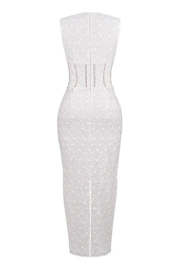 Sophina White Cotton Broderie Anglais Plunge Maxi Dress