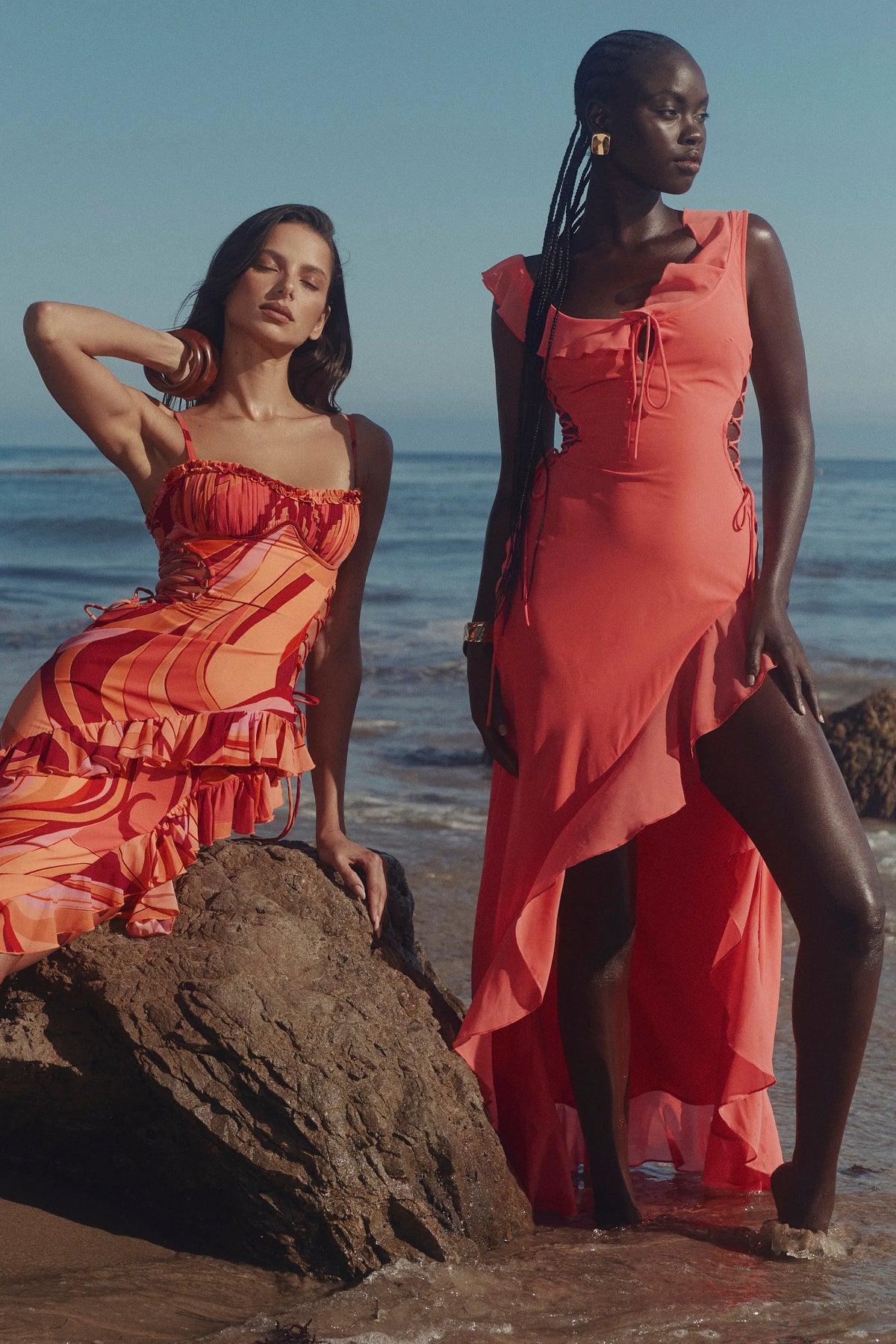 Aloura Coral Georgette Ruffle Maxi Dress