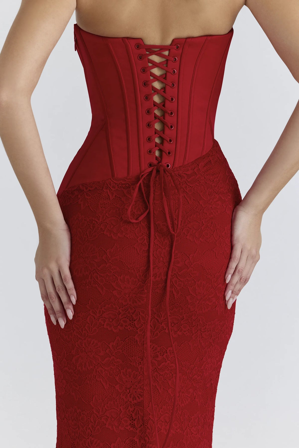 Valerie Red Satin Lace Strapless Maxi Dress