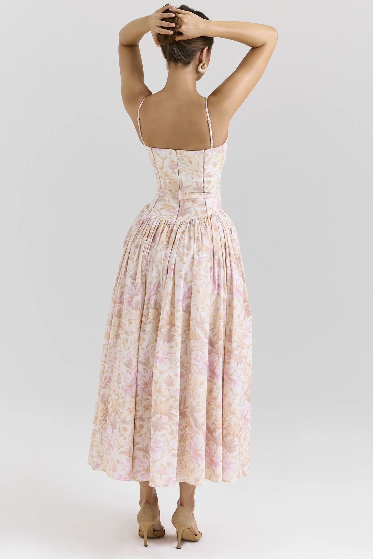 Ysabella Peach Floral Print Stretch Cotton Midi Sundress
