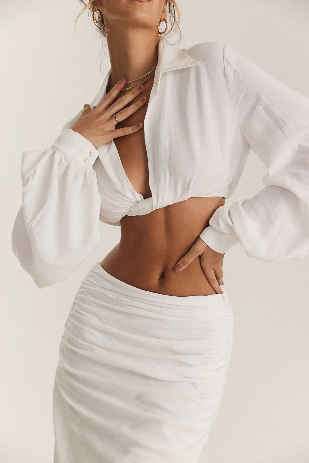 Palmer White Plunge Blouson Top
