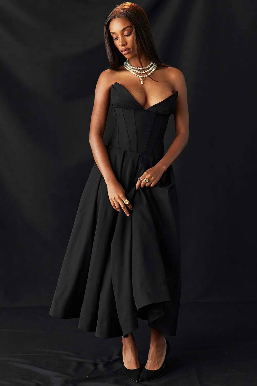 Lady Black Strapless Midi Dress