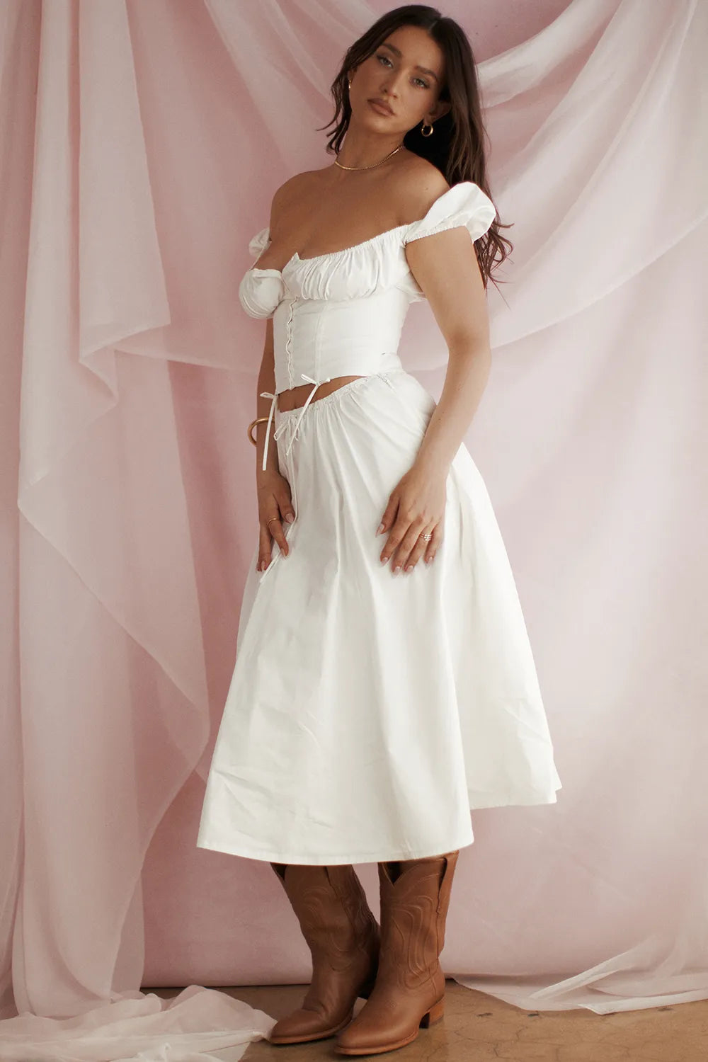 Cora White Gathered Midi Skirt
