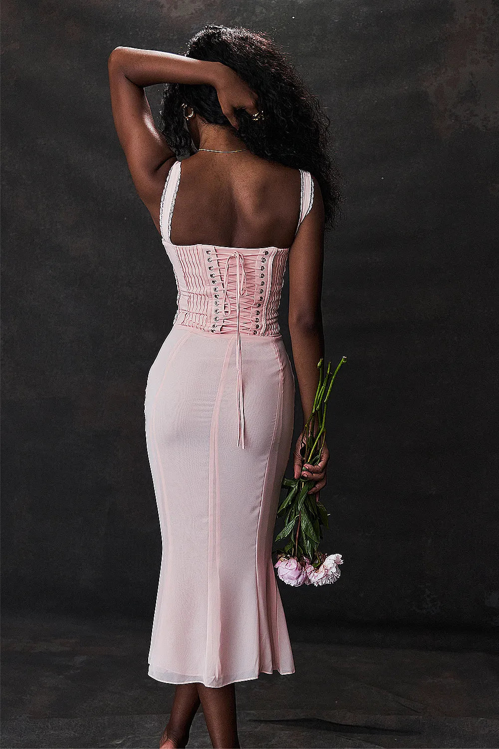 Syrah Soft Peach Lace Back Midi Dress