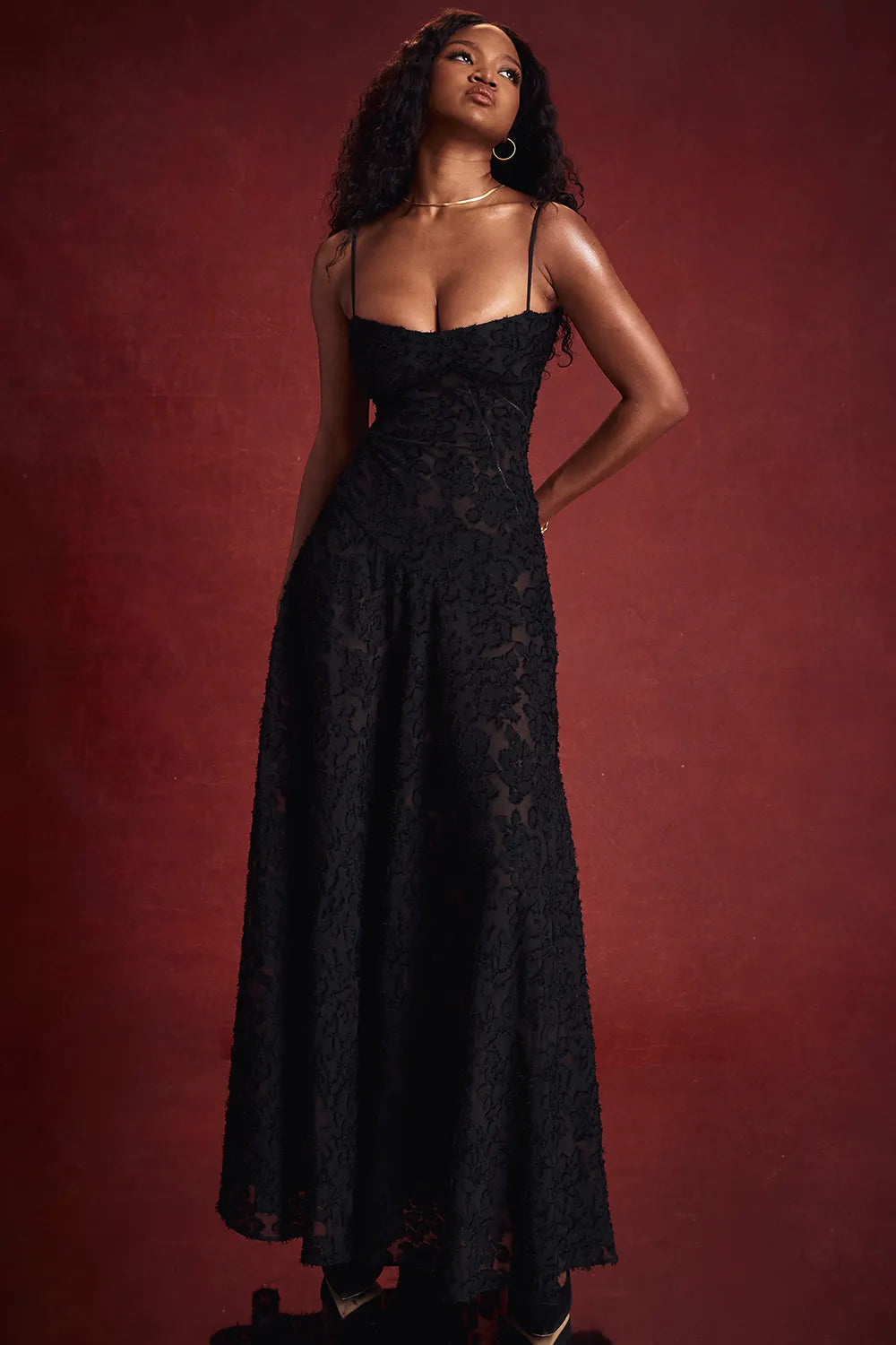 Seren Black Floral Lace Back Maxi Dress