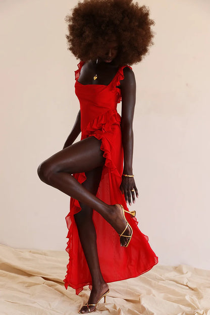 Ariela Cherry Ruffle Maxi Dress