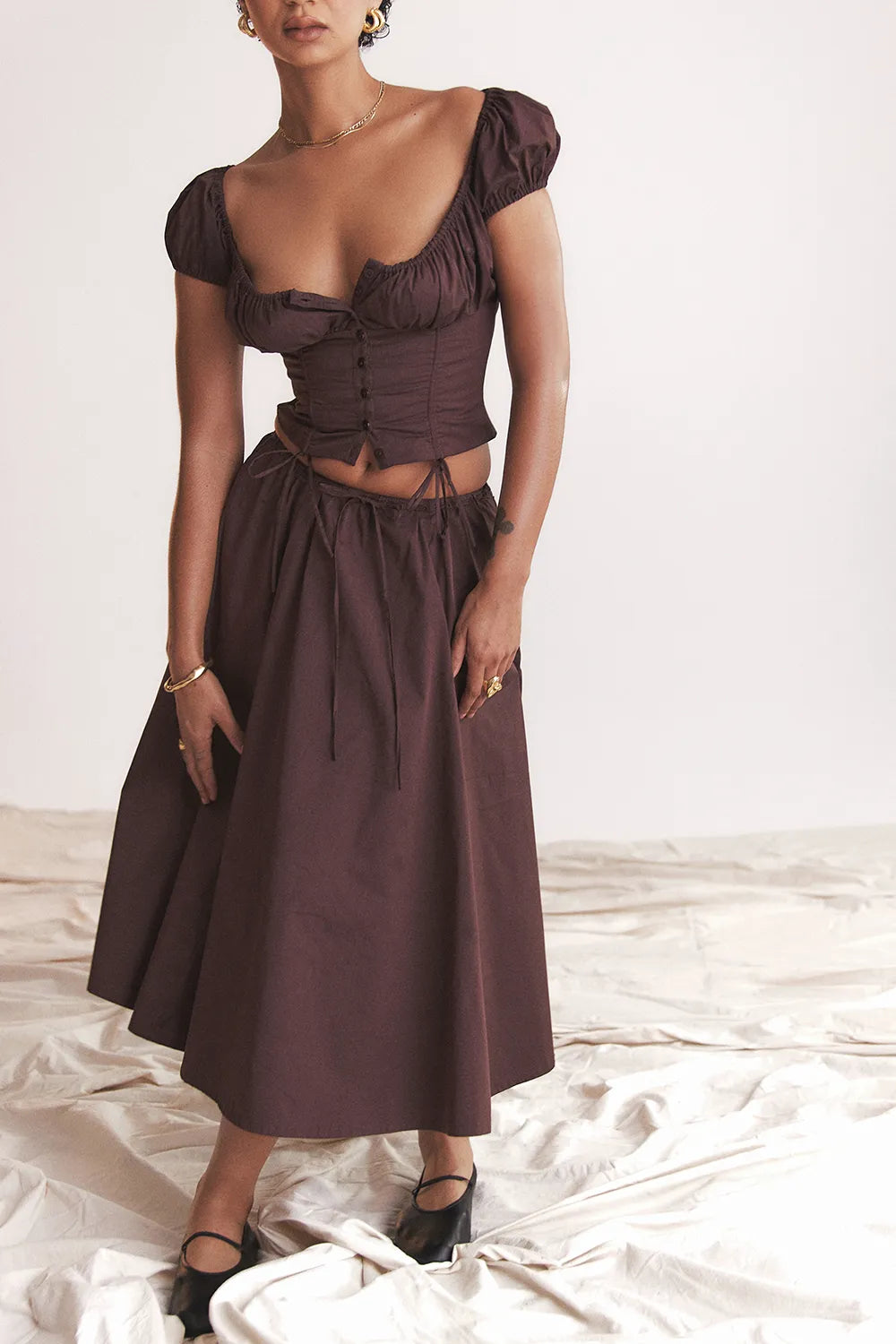 Cora Rich Brown Gathered Midi Skirt