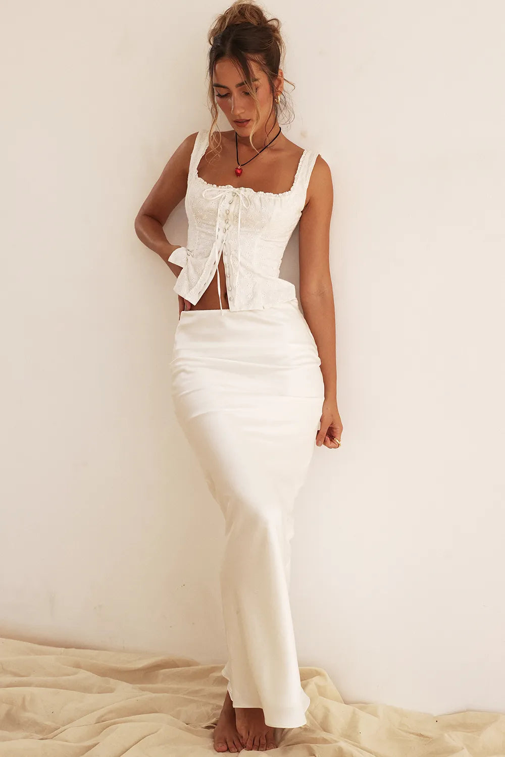 Sydel White Satin Bias Cut Maxi Skirt