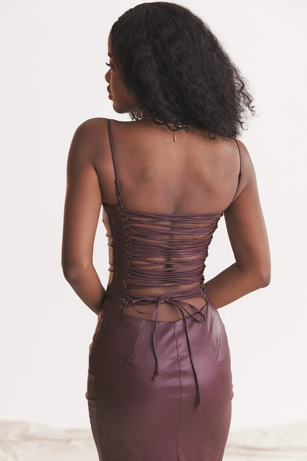 Jalena Mulberry Vegan Leather Lace Back Dress