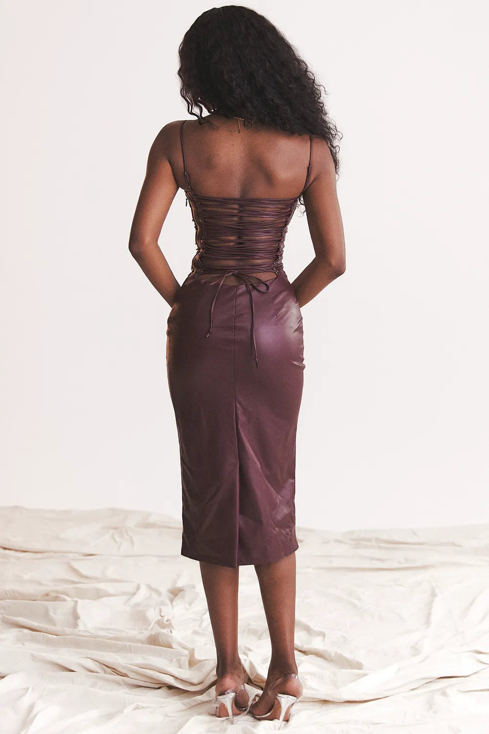 Jalena Mulberry Vegan Leather Lace Back Dress