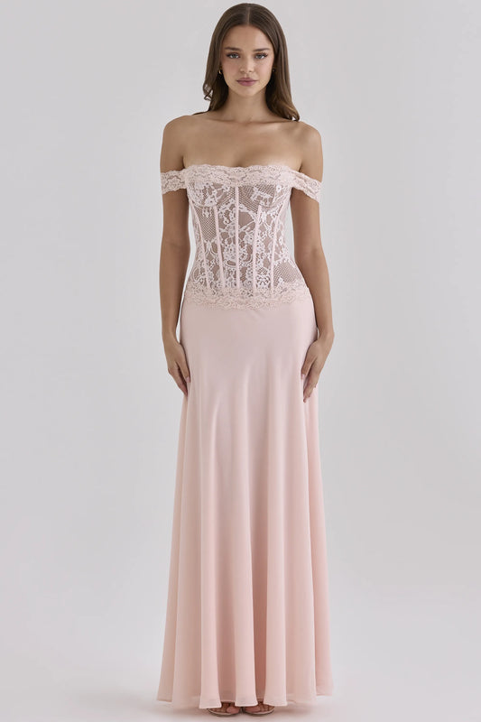 Nerina Pink Lace + Georgette Corset Maxi Dress