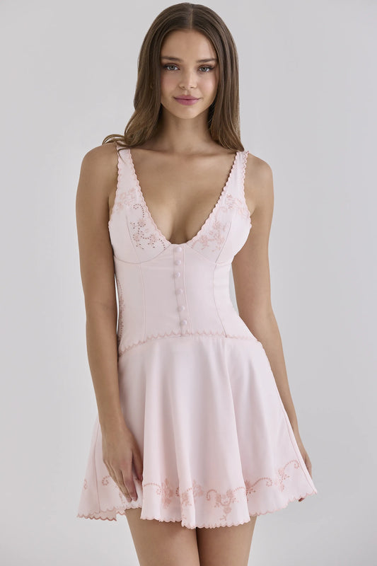 Sophine Pink Satin Custom Embroidered V-Neck Mini Dress - Limited Edition