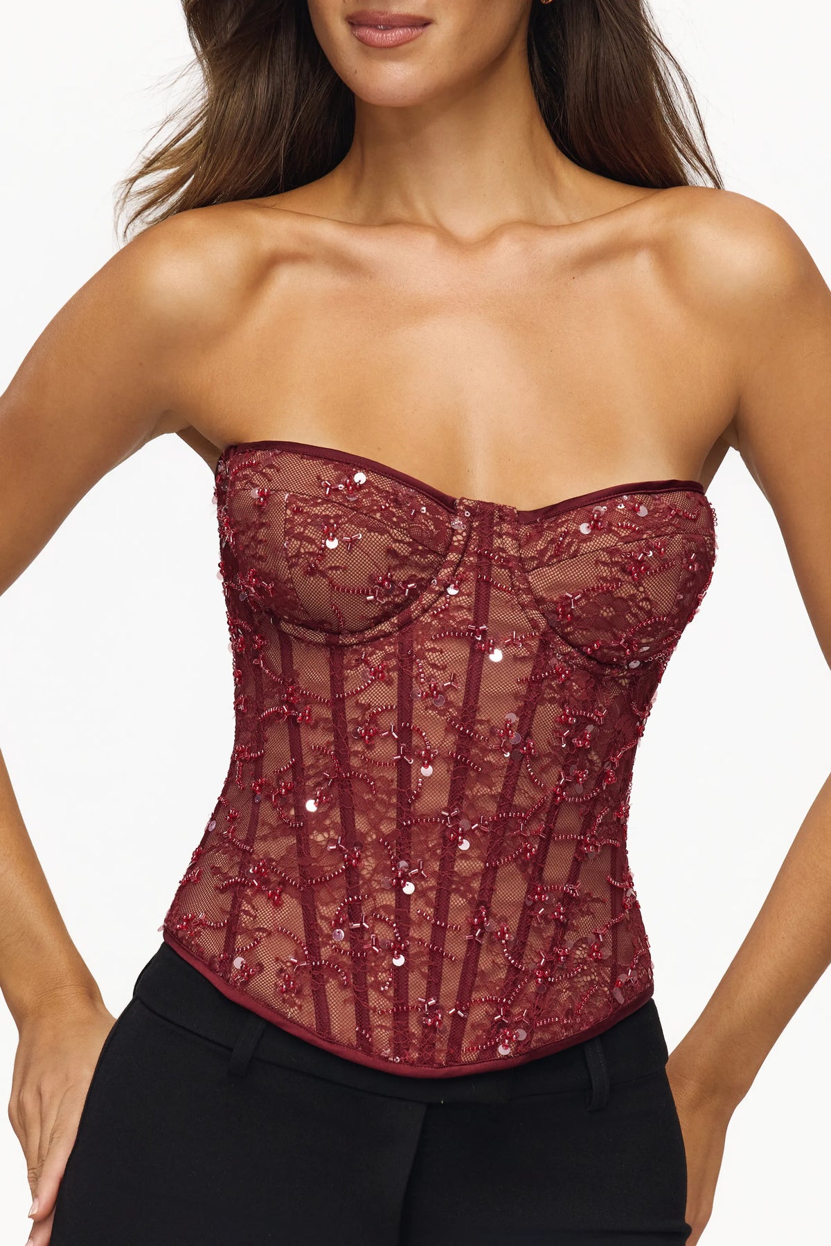 Suri Cabernet Bead Embellished Lace Corset Top