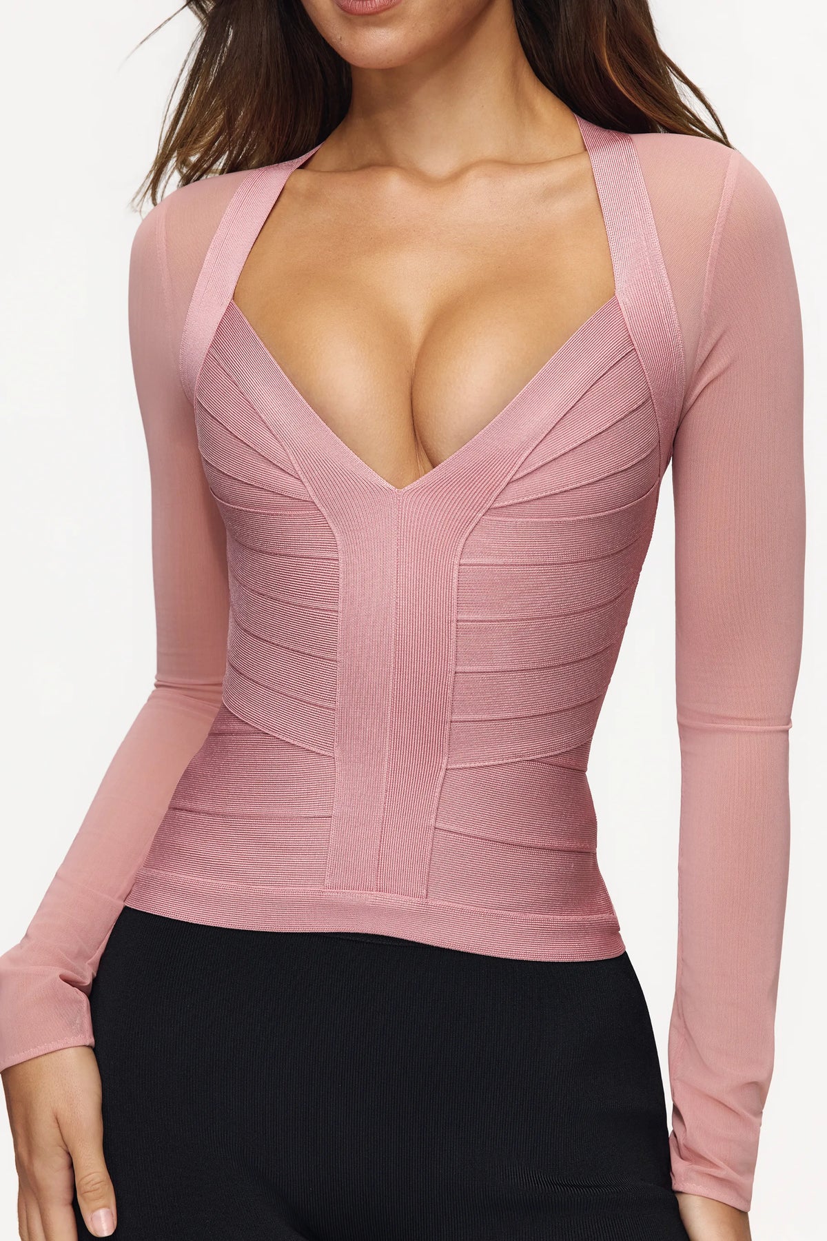 The Contour Blush Pink Sheer Long Sleeve Bandage Top