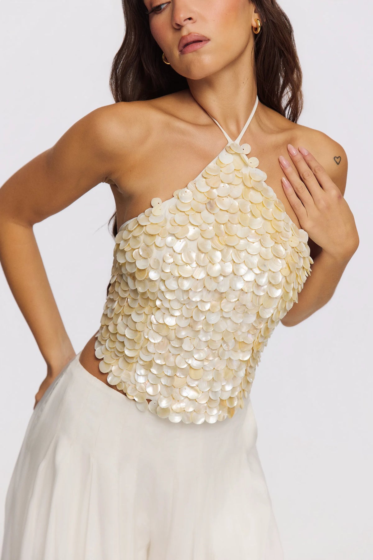 Zina Ivory Georgette Hand Beaded Shell Embellished Halter Neck Top - Limited Edition