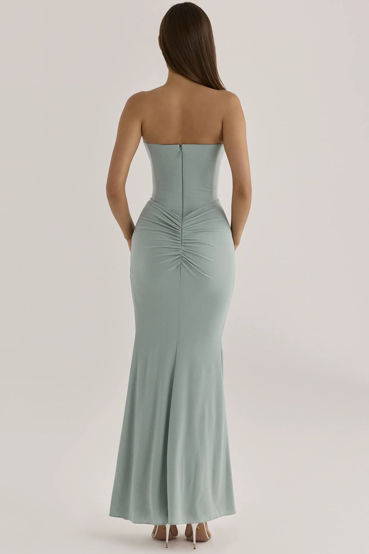 Portia Jade Crepe Strapless Maxi Dress With Detachable Georgette Cape