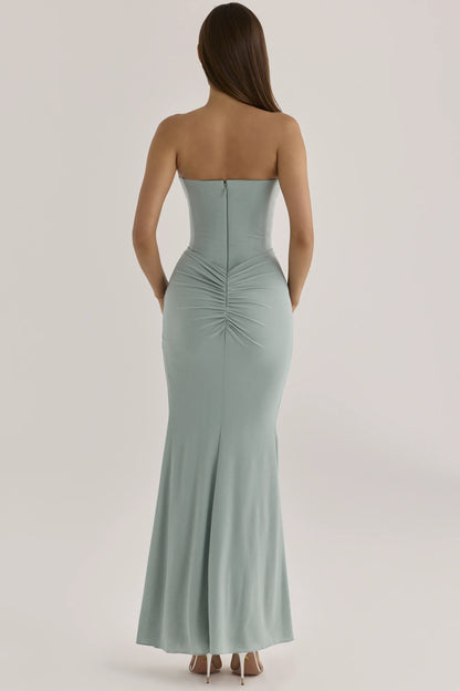 Portia Jade Crepe Strapless Maxi Dress With Detachable Georgette Cape