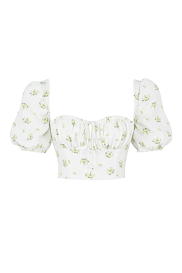 Arianna Ivory Floral Puff Sleeve Cropped Top