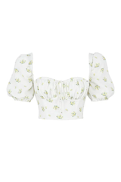 Arianna Ivory Floral Puff Sleeve Cropped Top