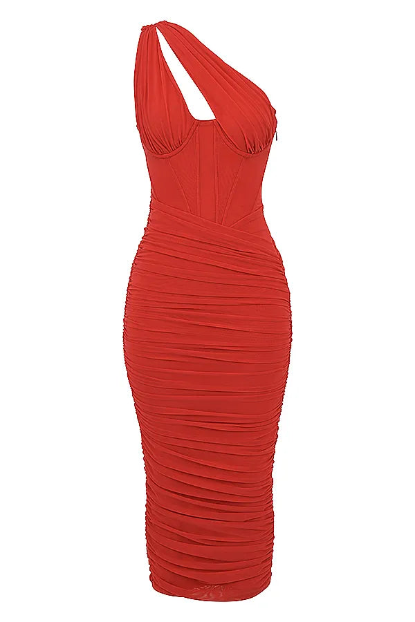 Valentina Scarlet Asymmetric Cutout Midi Dress